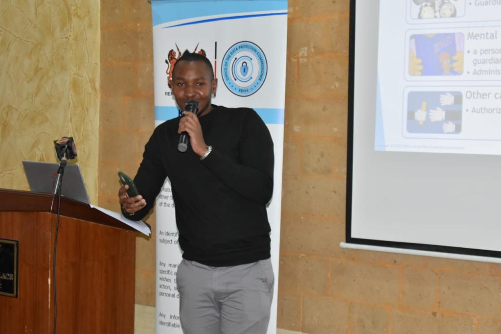 Yusuf Momanyi, an officer with the Office of the Data Protection Commissioner makes a presentation during a public awareness workshop organized by the organization at a Nakuru hotel, Tuesday. Photo by Ngugi Bernard