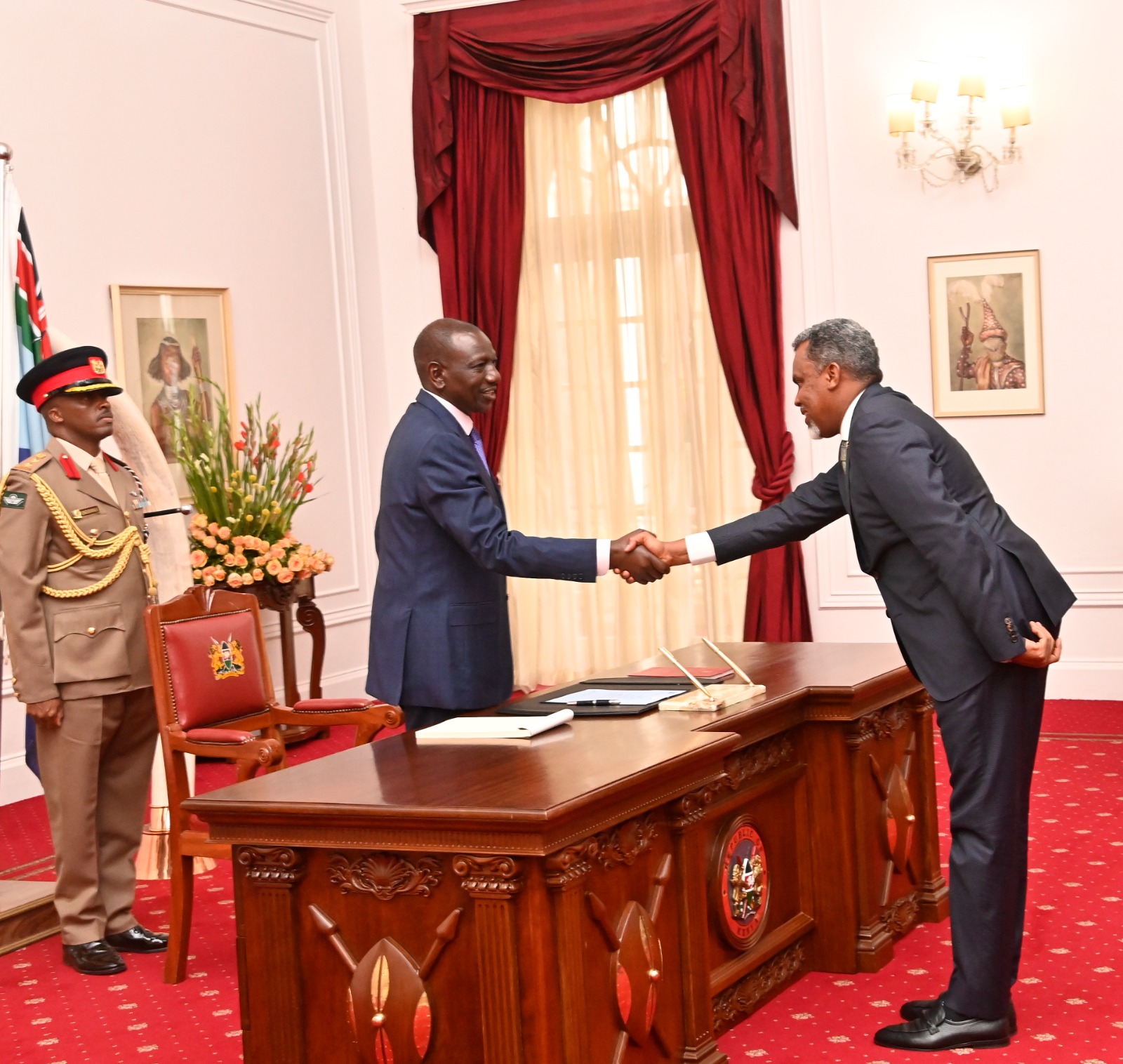 President William Ruto during the swearing-in of new NIS Director General Noordin Haji at State House, Nairobi.