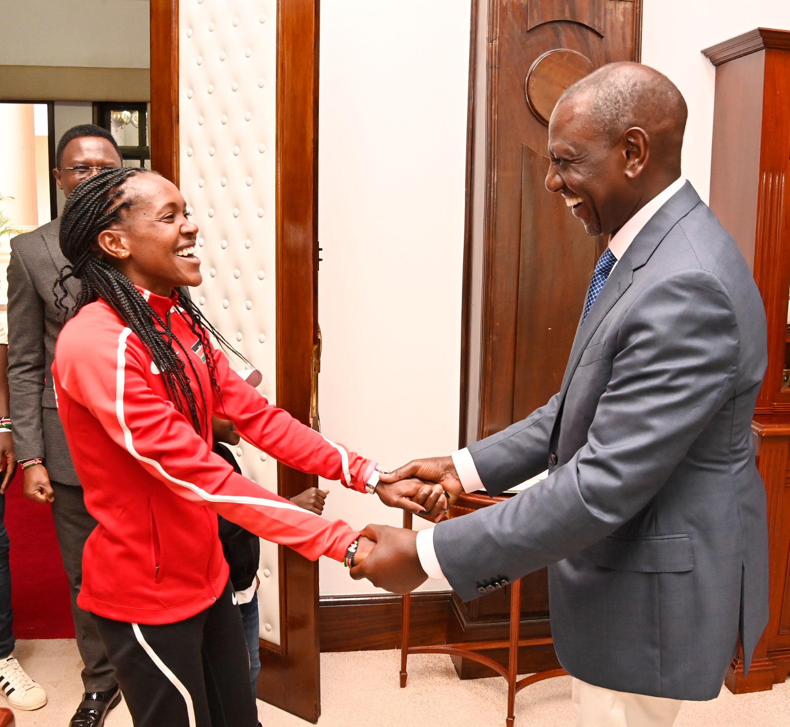 President Ruto with with 1500m and 5000m World Record Holder Faith Kipyegon at State House, Nairobi.