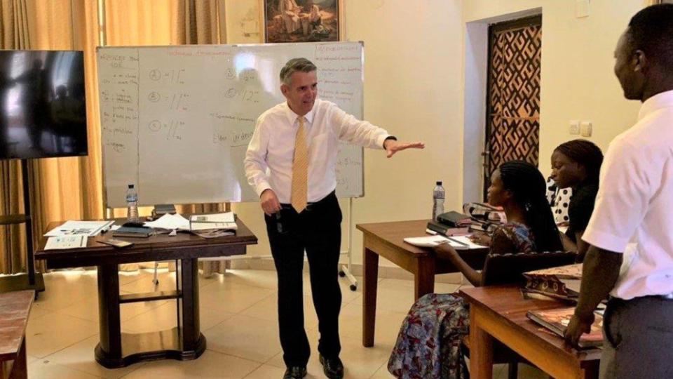 Elder Ian S. Ardern teaching missionaries at the MTC in Kinshasa, Democratic Republic of the Congo in 2003