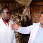 Alpharama Limited Managing Director Sambasiva Rao (right) explained to the Trade and Industrialization CECM Martha Cheruto the process of hides and skins processing. by Ekuwam Sylvester/KNA