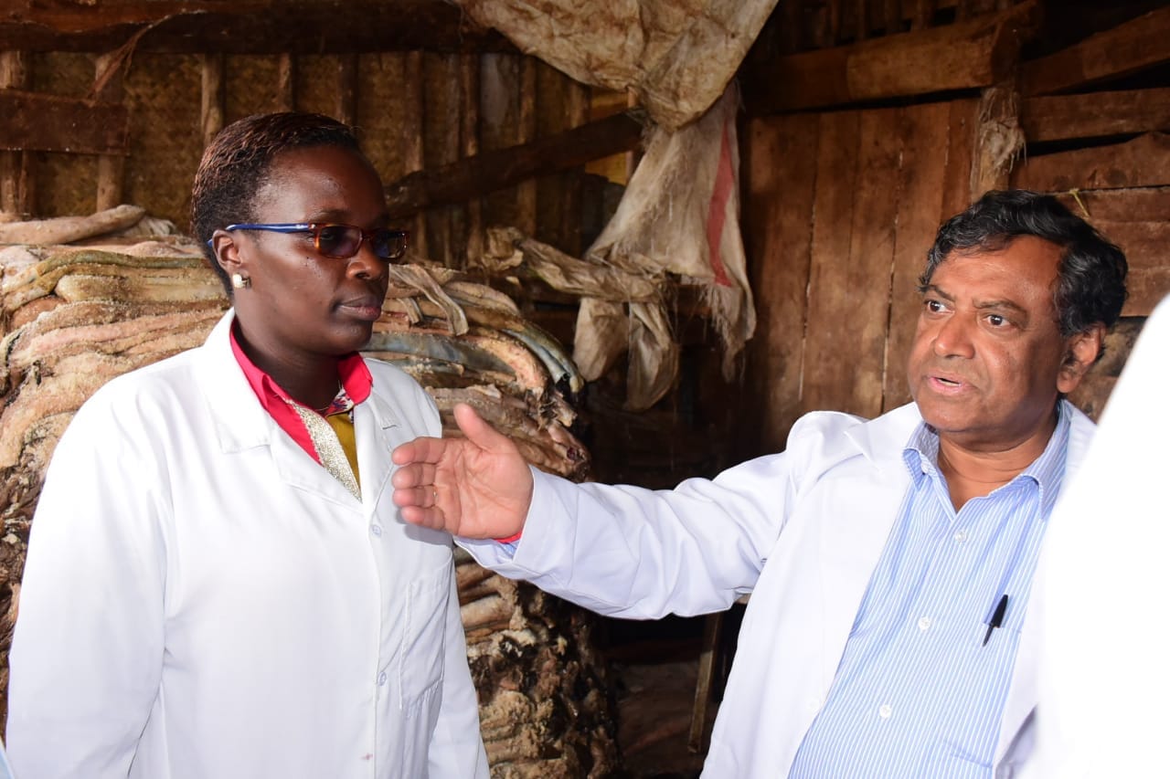 Alpharama Limited Managing Director Sambasiva Rao (right) explained to the Trade and Industrialization CECM Martha Cheruto the process of hides and skins processing. by Ekuwam Sylvester/KNA