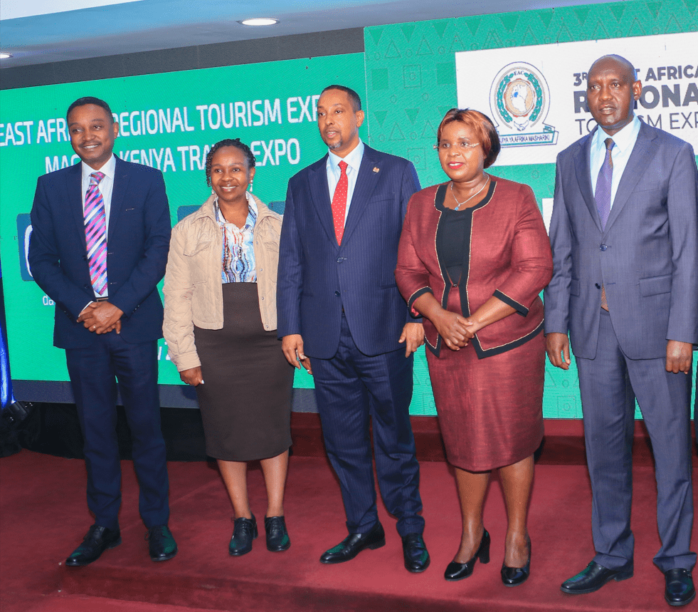 From R-L Tourism PS John Ololtuaa, CS Tourism, Wildlife and Heritage Peninah Malonza, PS EAC Abdi Dubat, CEO KTF Susan Ongalo and CEO KAHC during the launch of EARTE and MKTE.