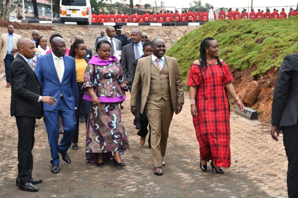 CS Environment Soipan Tuya (in a red dress) and CS Labour Florence Bore (a dress with purple strips). Photo/Selestus Mayira