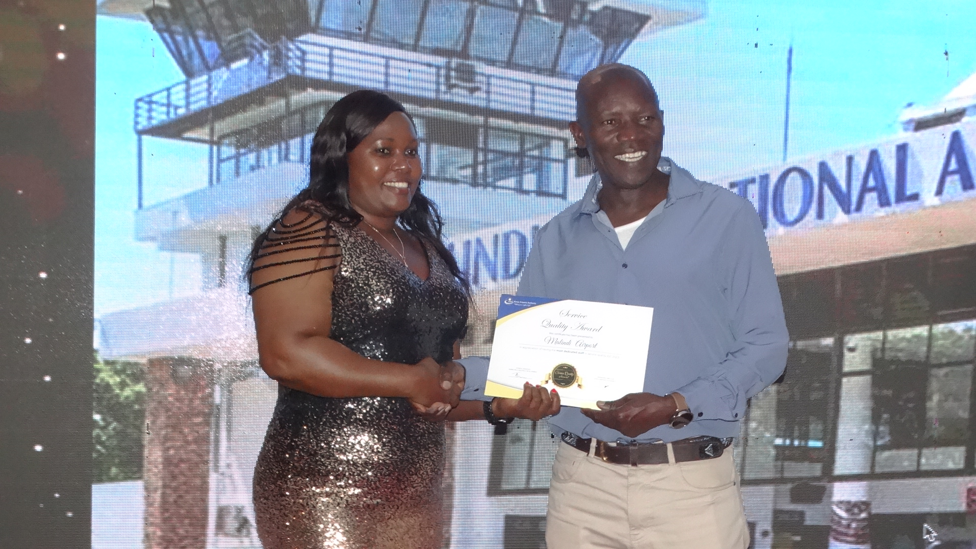 KAA Acting Managing Director (MD) Henry Oyoye (right) during the awards ceremony held in Kisumu. Photo by Chris Mahandara.