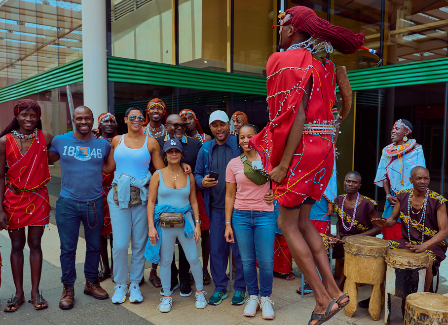 The team of travel advisors and influcers including American actor Gbenga Akinnagbe (second left) at a reception. They will experience culture and heritage during their visit in Kenya