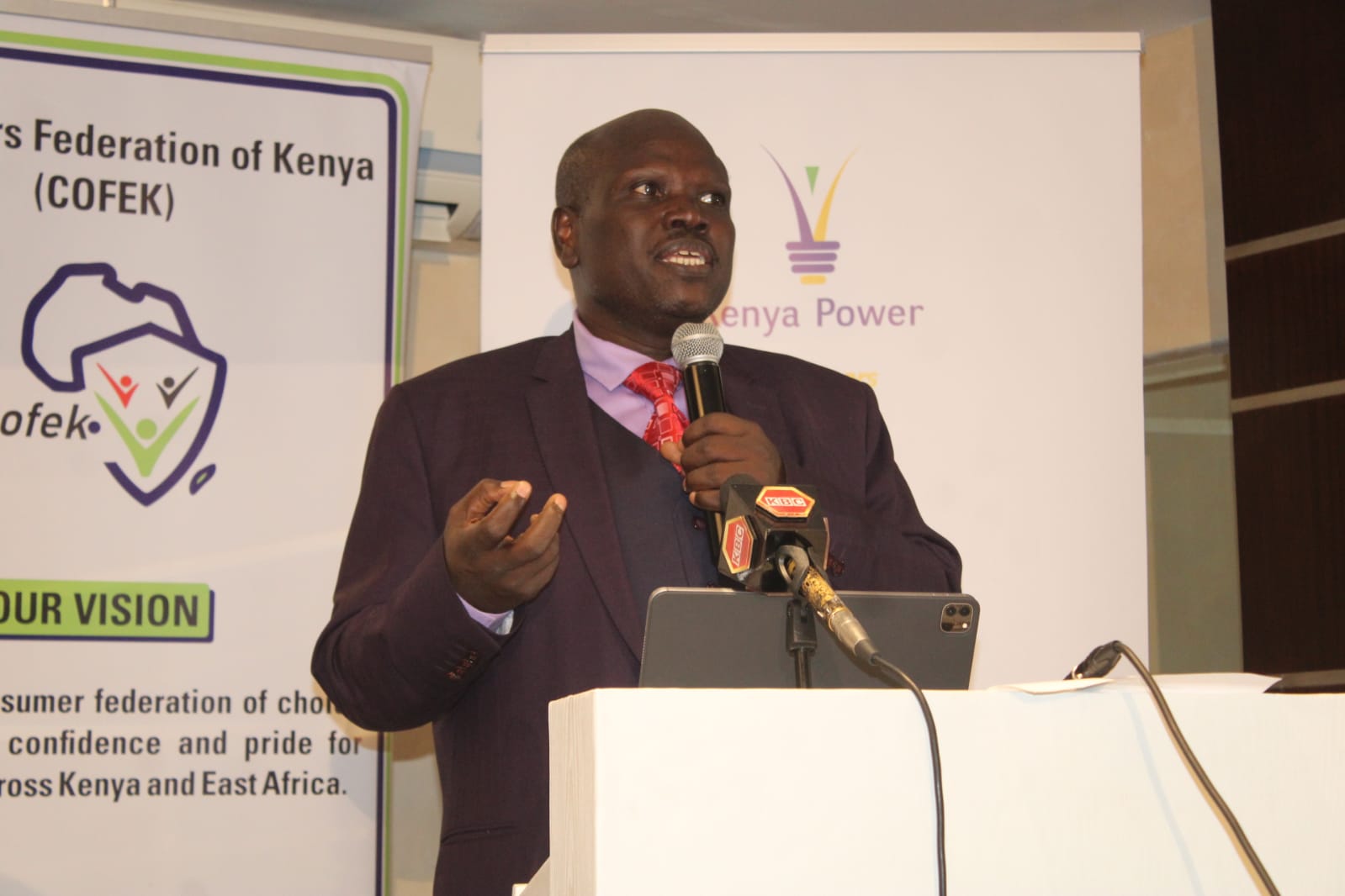 The Kenya Power and Lighting Company Chief Executive Officer Eng. Joseph Siror speaking during a press conference with Consumers Federation of Kenya and Scrap Metal Council on eradicating vandalisation of national infrastructure among them transformers and metals.