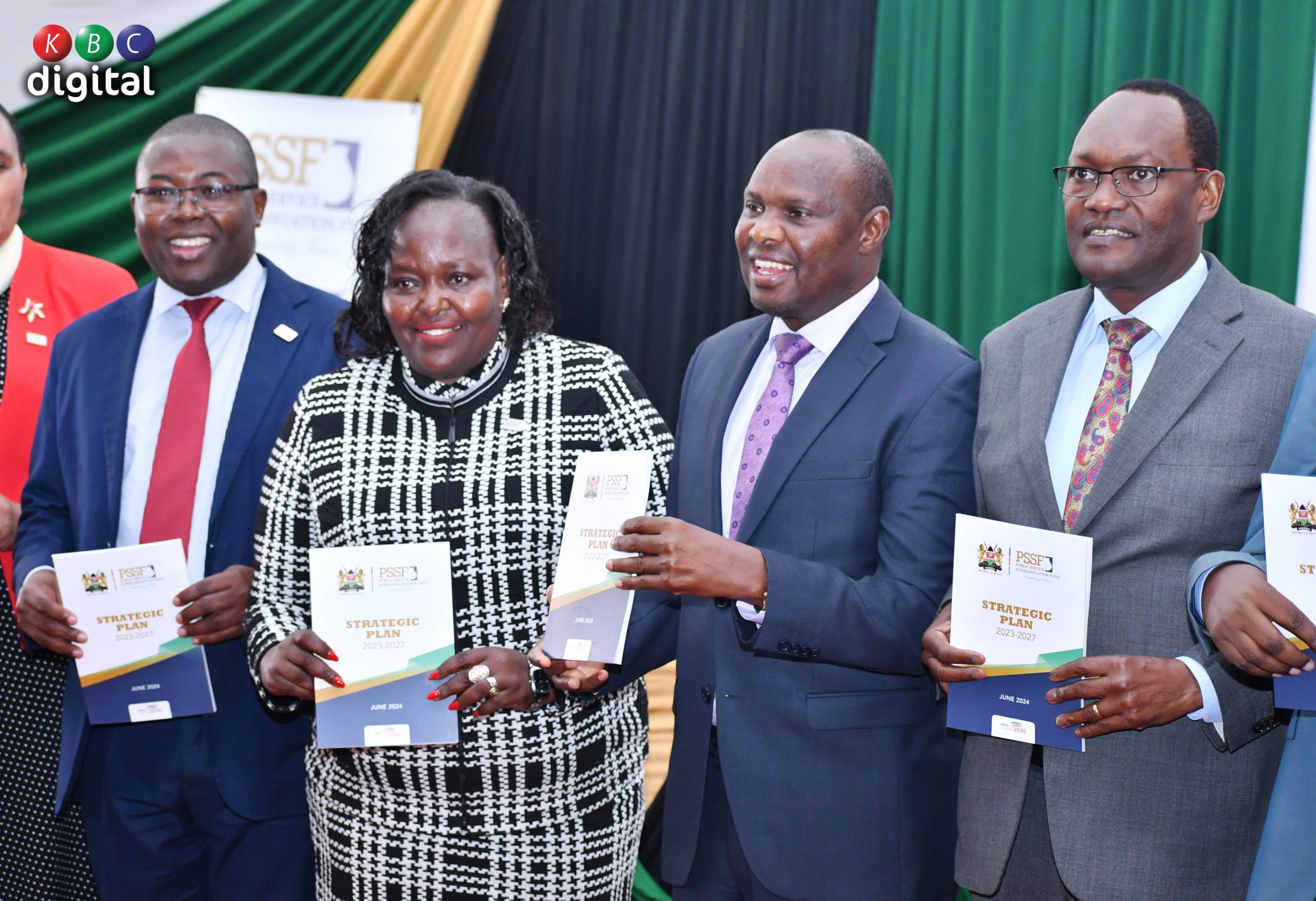 Chief of Staff & HoPS Felix Koskei, PS Treasury Dr Chris Kiptoo, Ag PSSS Chair Agnes Mwenda, CEO PSSS Dr Jonah Aiyabei and the PSSS Board of Trustees launch the PSSF Strategic Plan 2023-2027.