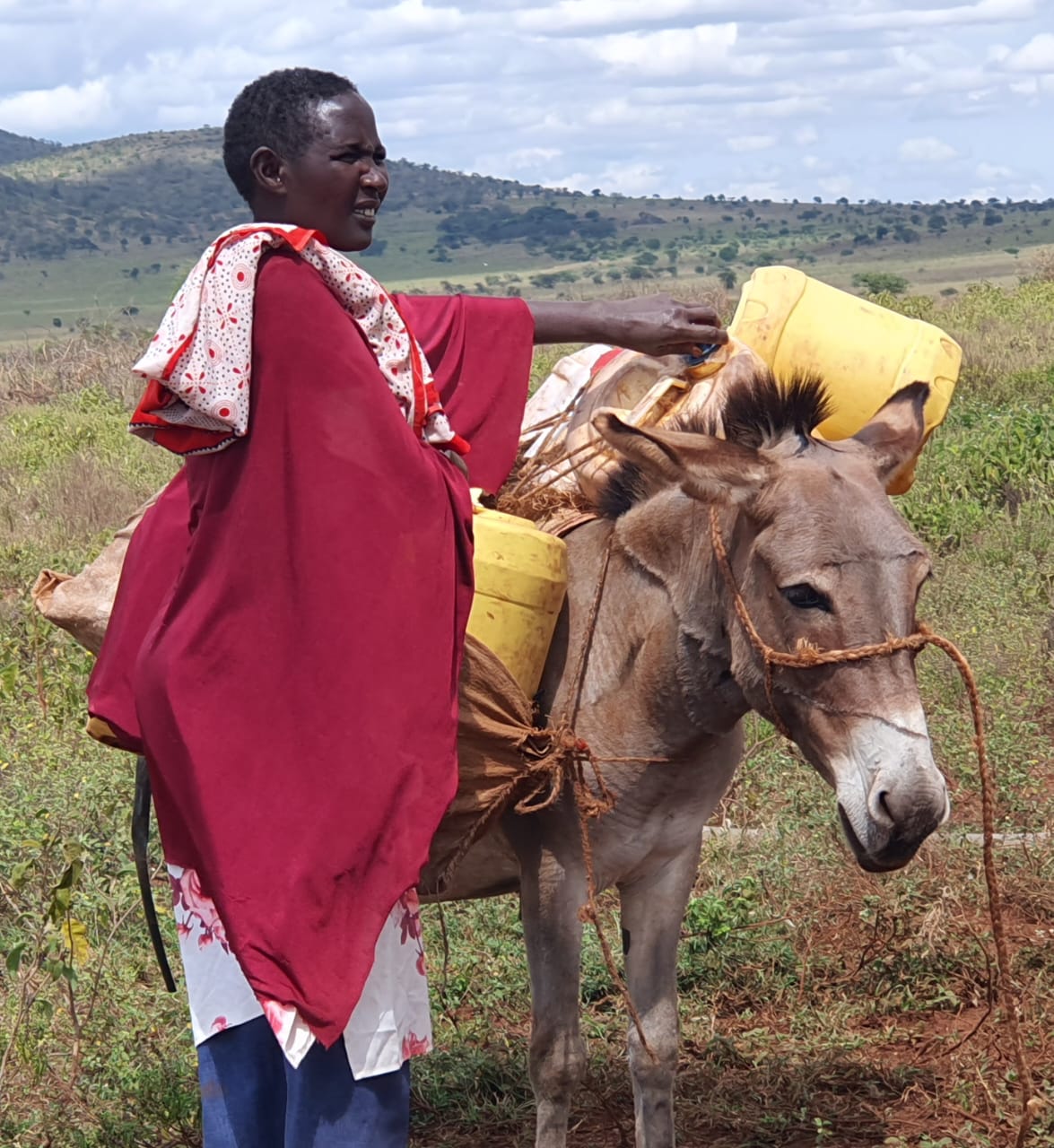 55-year-old Florence Ngoisa from Enyuata area filling her jerricans of water from a newly installed water kiosk within the Nasaru Olosho Conservancy