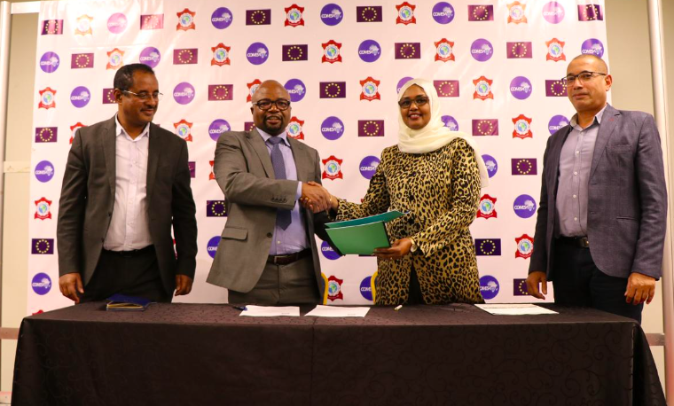 Dr. Huyam Salih, Director of AU-IBAR (second right) and Nicholus Mudungwe, Executive Director of ALLPI (second left) after signing an MoU.