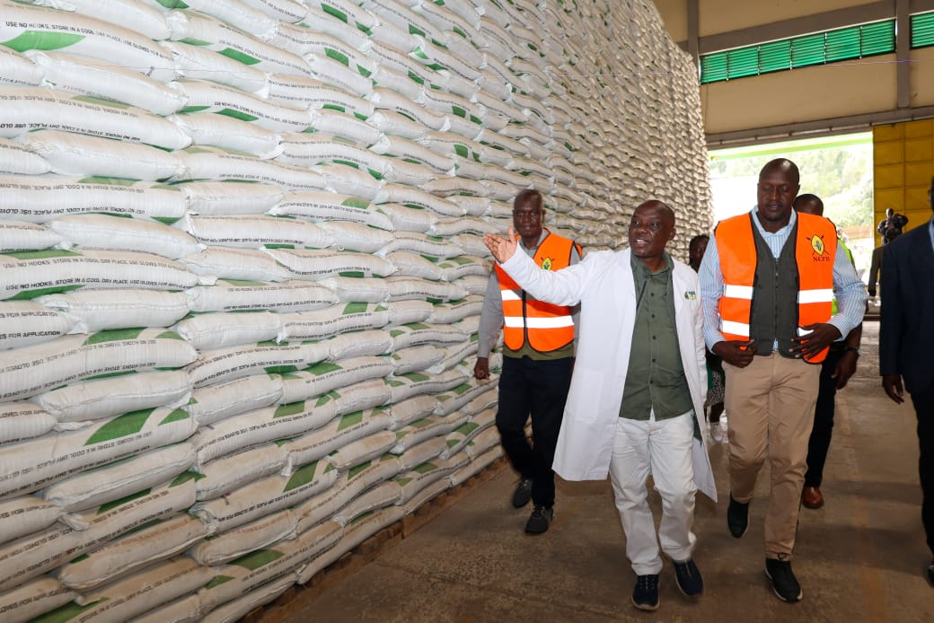 Principal Secretary for Agriculture, Dr. Kipronoh Rono, during an inspection exercise at the NCPB Eldoret Depot.