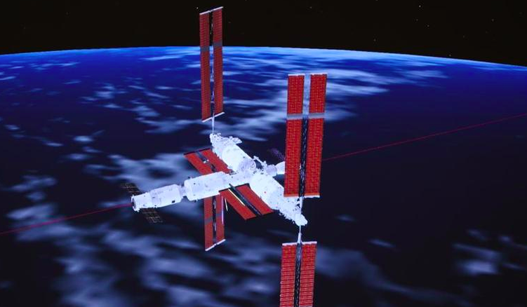 This simulated image captured at Beijing Aerospace Control Center on Jan. 18, 2024 shows China's cargo spacecraft Tianzhou-7 having conducted a rendezvous and docking with the combination of the space station Tiangong. (Photo by Han Qiyang/Xinhua)