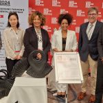 Real Leather. Stay Different. Africa Talent Leather Design Showcase 2024: A Landmark Celebration of African Leather Design – Ruth Girmay of Ethiopia (third from right), winner of the Most Commendable Award, pictured with Kerry Brozyna, President of the LHCA (right), Preston Viswamo, Project Manager at ALLPI, Justina Torry, Senior Agricultural Attaché from the Foreign Agricultural Service, and Jane Lee, Vice President of LHCA.